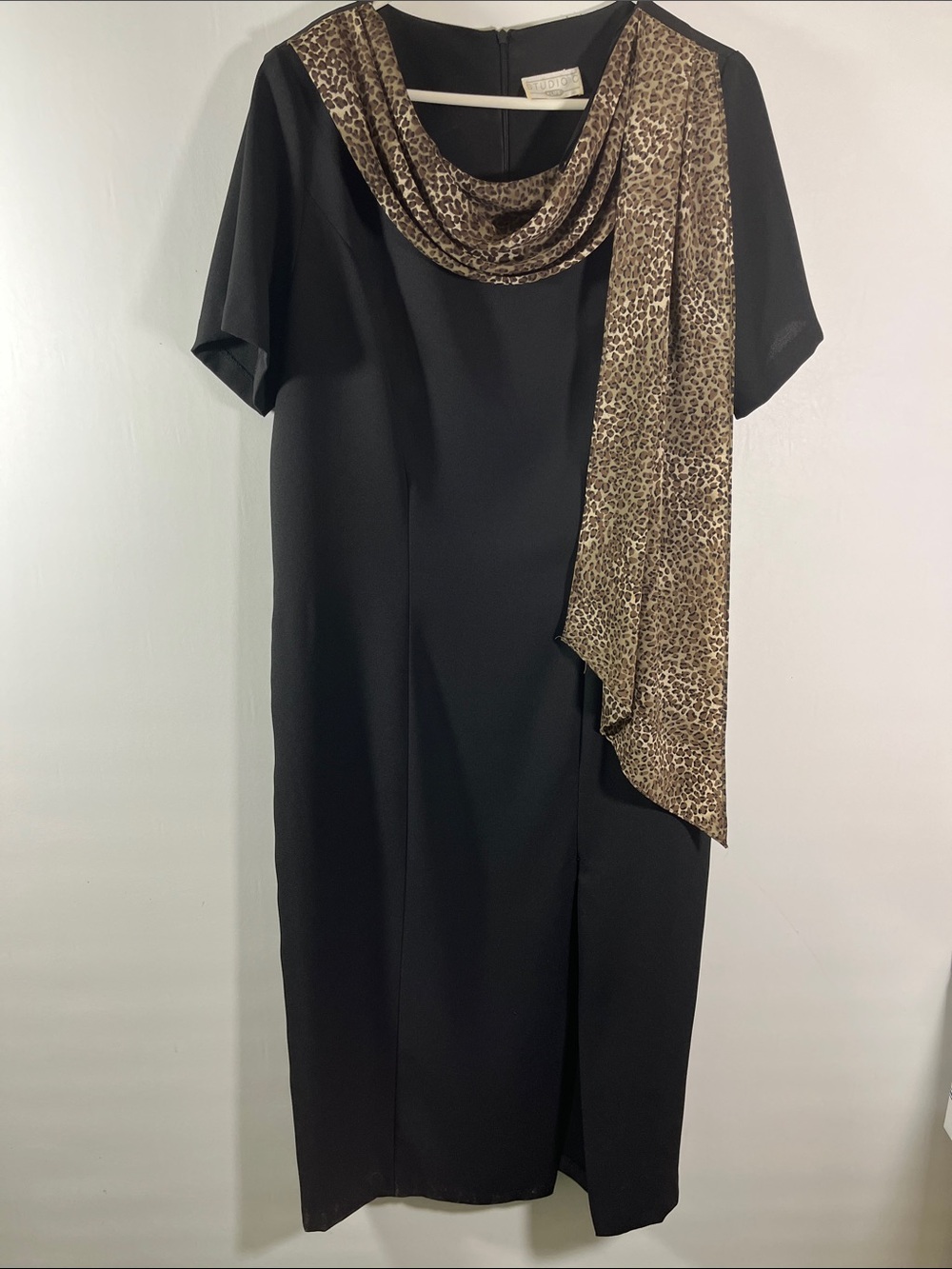 Studio C Black Midi Dress with Leopard-Print Scarf